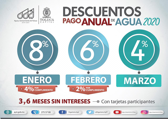 Invita Toluca a contribuyentes a aprovechar descuentos en pago anual de agua