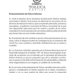 Concederá Toluca, del 20 de marzo al 20 de abril, días hábiles a servidores públicos con hijos en educación básica para que puedan cuidar de ellos en casa