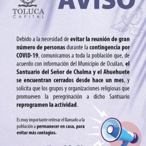 Pide Toluca reprogramar peregrinaciones para evitar contagios de COVID-19