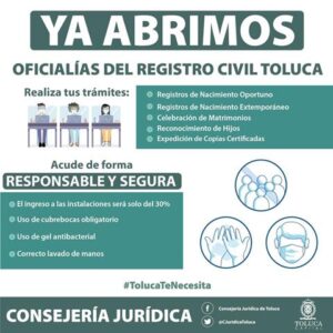 Oficialías del Registro Civil de Toluca reabren con medidas sanitarias
