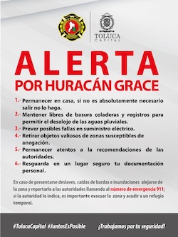 Llaman autoridades de Toluca extremar precauciones ante el paso del huracán “Grace”