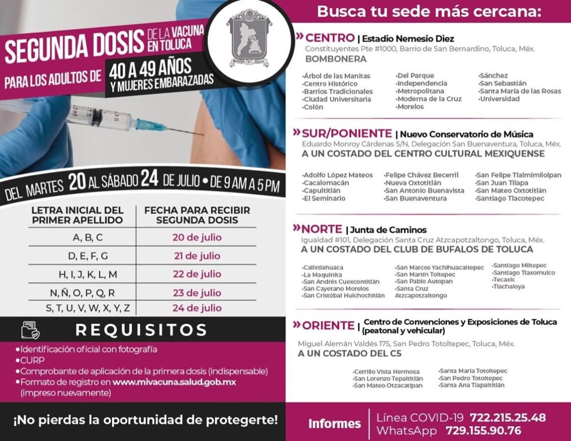Iniciará el martes 20 la aplicación de la segunda dosis de la vacuna de COVID-19 a la generación de 40 a 49 años en Toluca