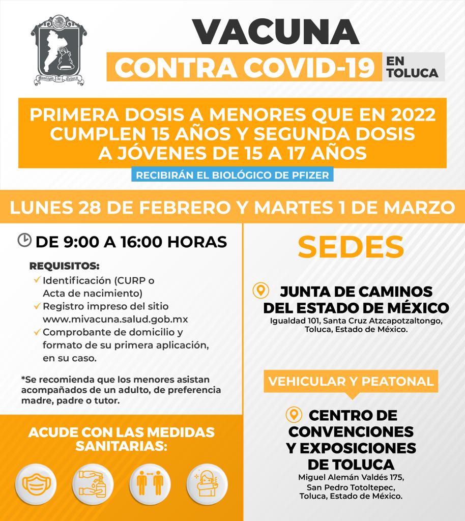 Anuncian En Toluca Segunda Dosis De Vacuna Contra Covid-19 A Menores De 15  A 17 Años Y Primera Para Niños De 14 Años De Edad - Ayuntamiento de Toluca