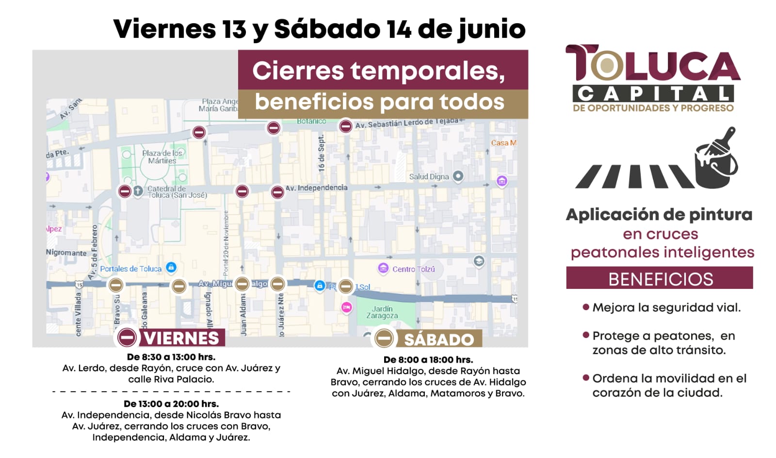 Anuncia Toluca cierre intermitente de calles por trabajos de balizamiento y pintura de los pasos inteligentes