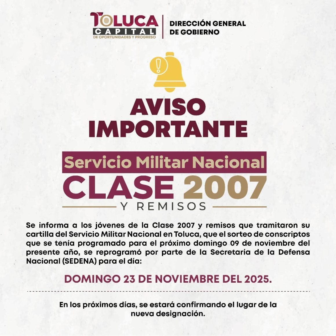 Anuncia Gobierno de Toluca fecha, hora y sede del sorteo del Servicio Militar Nacional