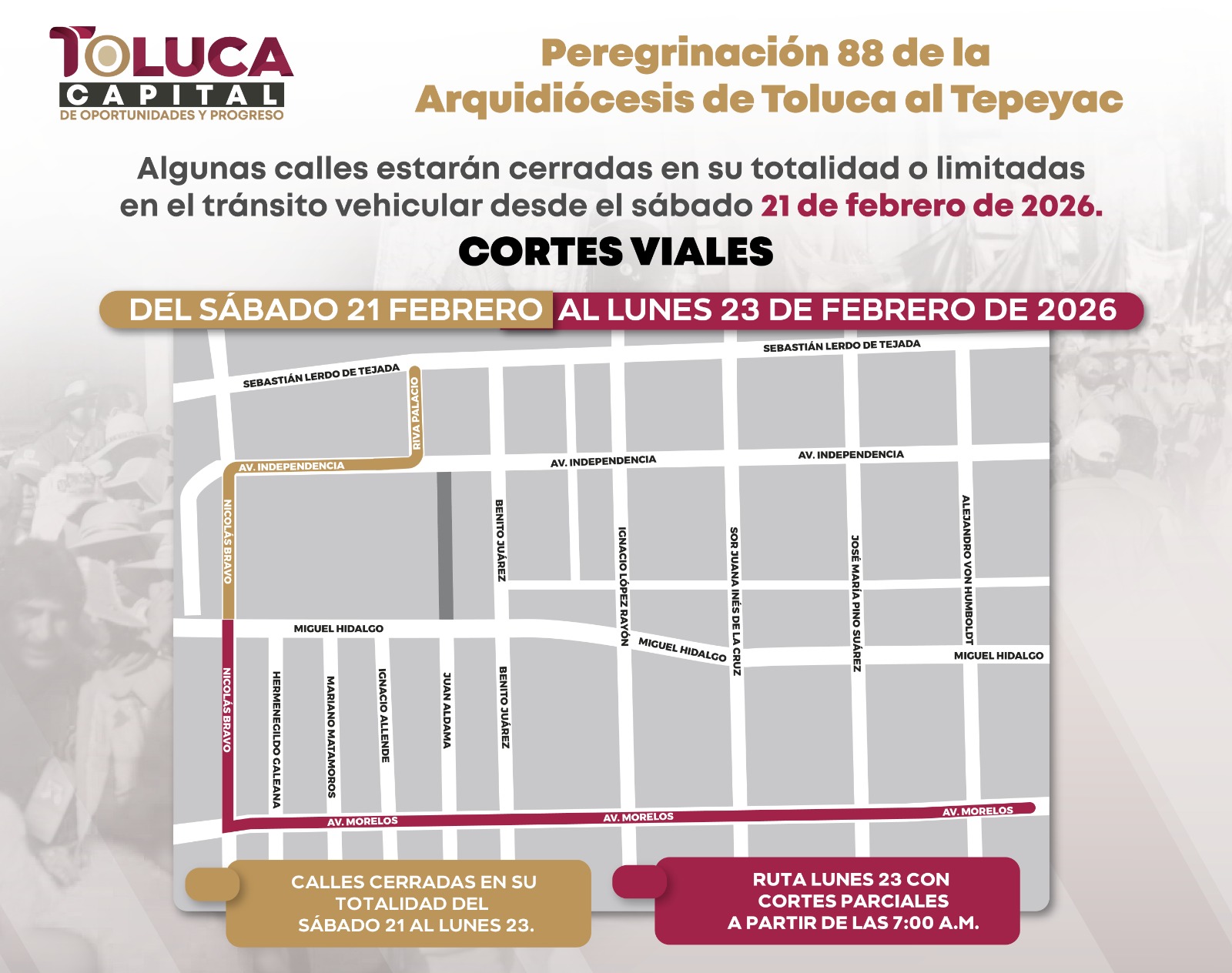 Anuncia Gobierno de Toluca cierres totales y parciales por Peregrinación rumbo al Tepeyac